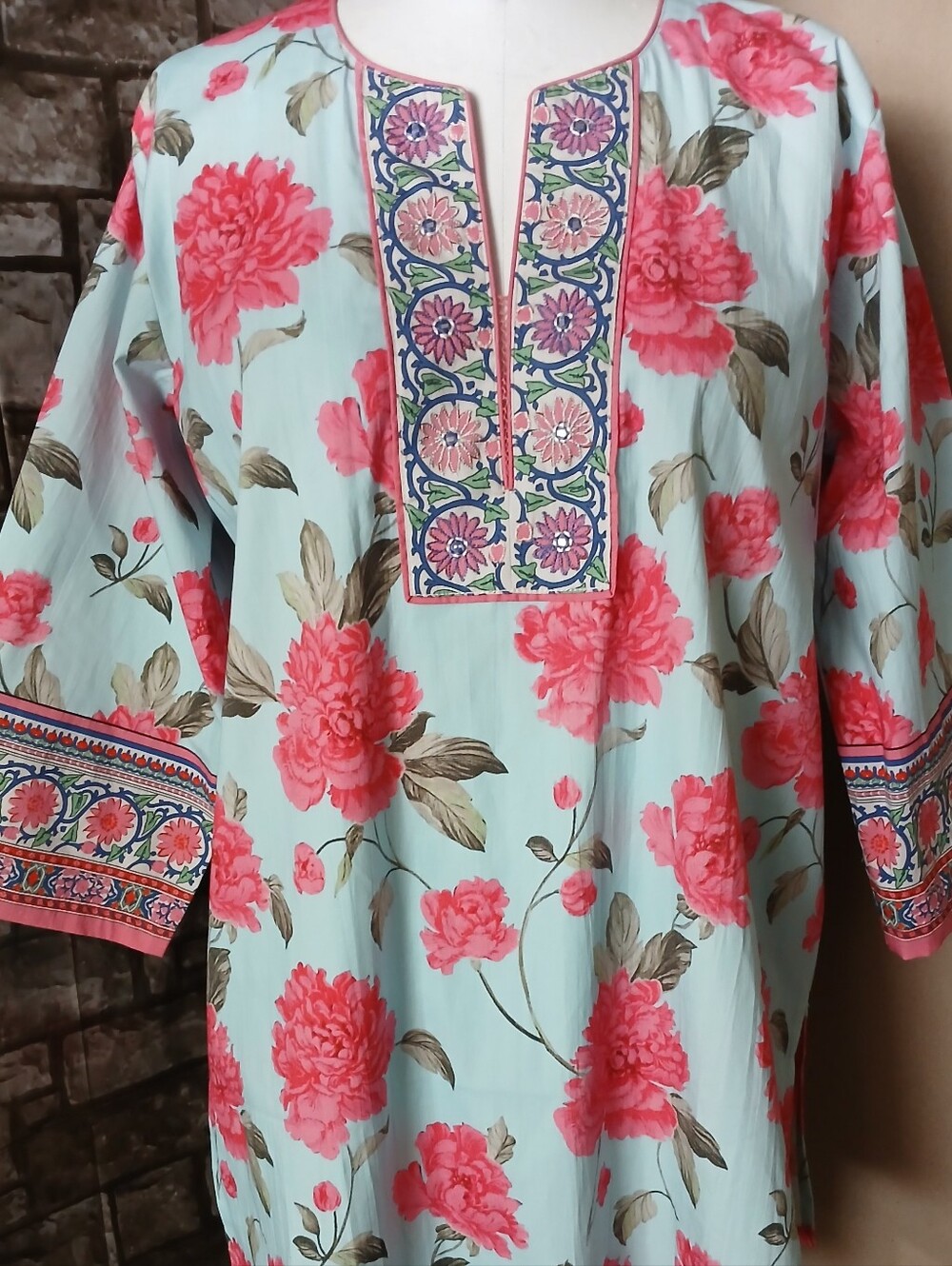 Bella Tu Floral Embroidered  Midi Dress - Pink Floral on Light Blue